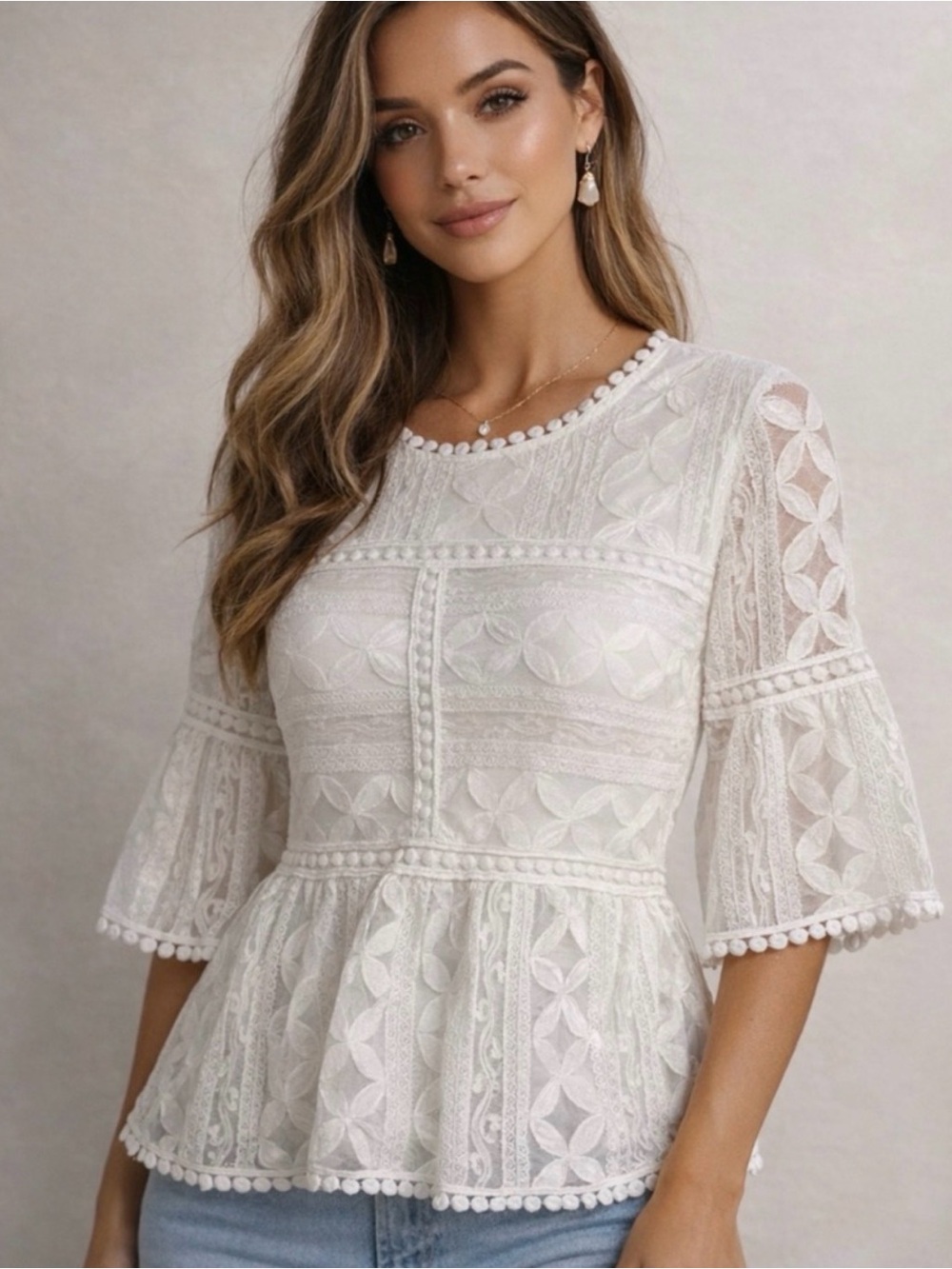 CHICWISH White Lace Peplum Boho Blouse L/XL